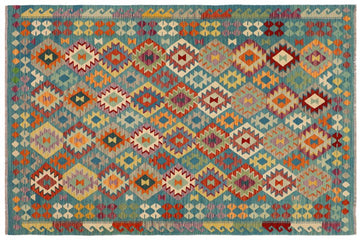 Flat Weave Kilim, Antique, Navaho, Vintage, Handmade, Geometric Kilim Blue Rust Hand-Woven Rectangle 100% Wool Area Rug 6 x 8